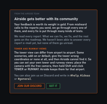 The note Airside shows once when 0.7.13.0 opens: why the tower view can stand in the wrong place, and how to set your own