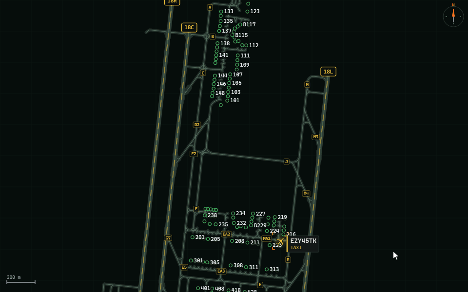 TAXI VIA on the ground radar: the route a departure would take, a taxiway clicked and the route moving onto it, then the end of its runway clicked