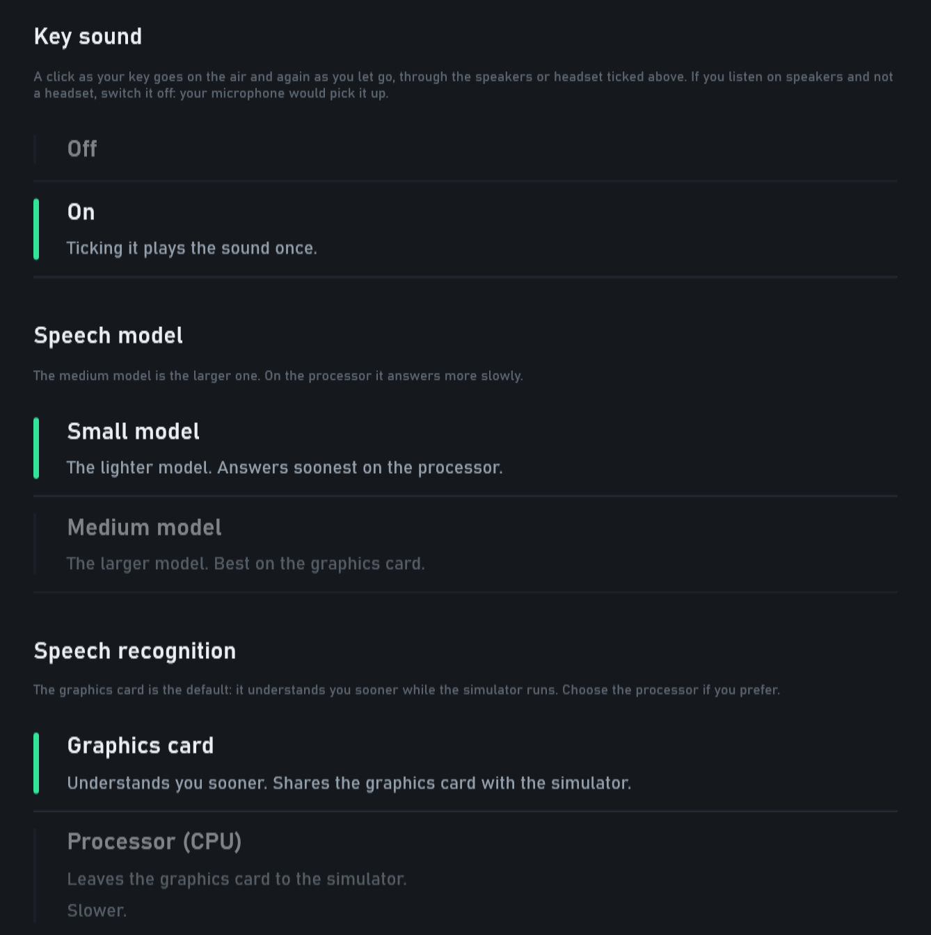 Settings, Radio: the key sound on, the small speech model chosen, speech recognition on the graphics card