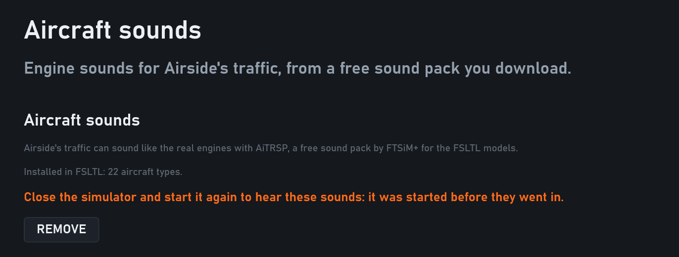 Settings, Aircraft sounds: the pack installed in FSLTL for 22 aircraft types, and in orange, close the simulator and start it again to hear them