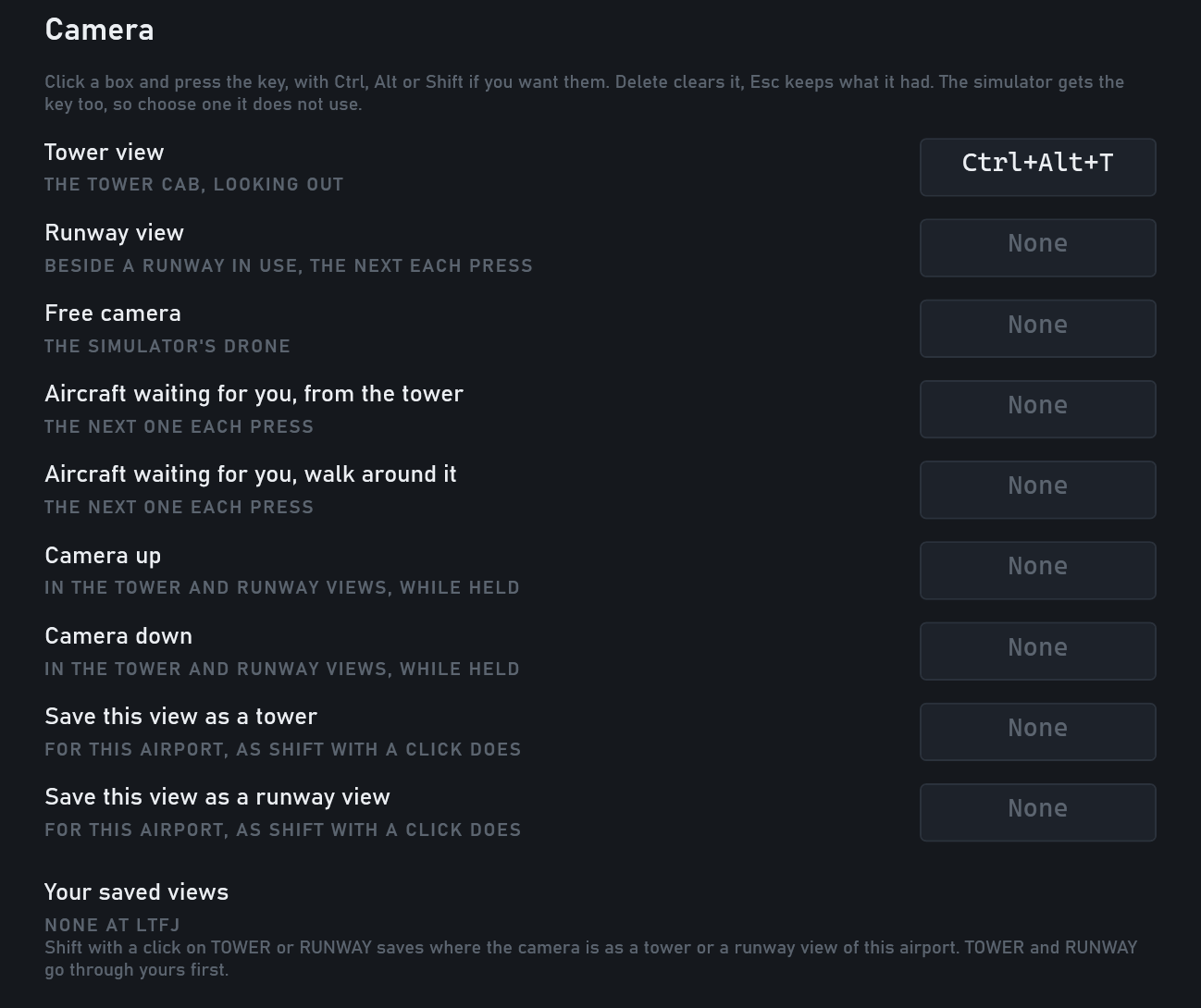 Settings, Keys: the camera keys