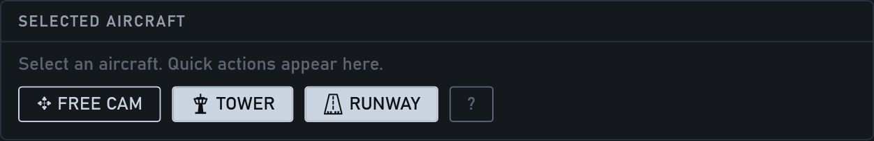 The selected aircraft panel: FREE CAM, TOWER, RUNWAY and the question mark