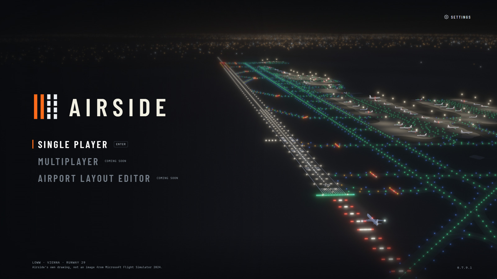 Airside's start screen: the name and mark, Single player, Multiplayer and Airport layout editor marked coming soon, Settings in the top right corner