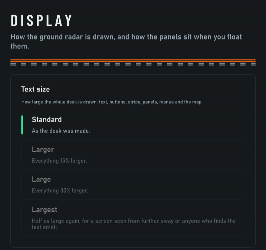 Settings, Display: the desk's four text sizes