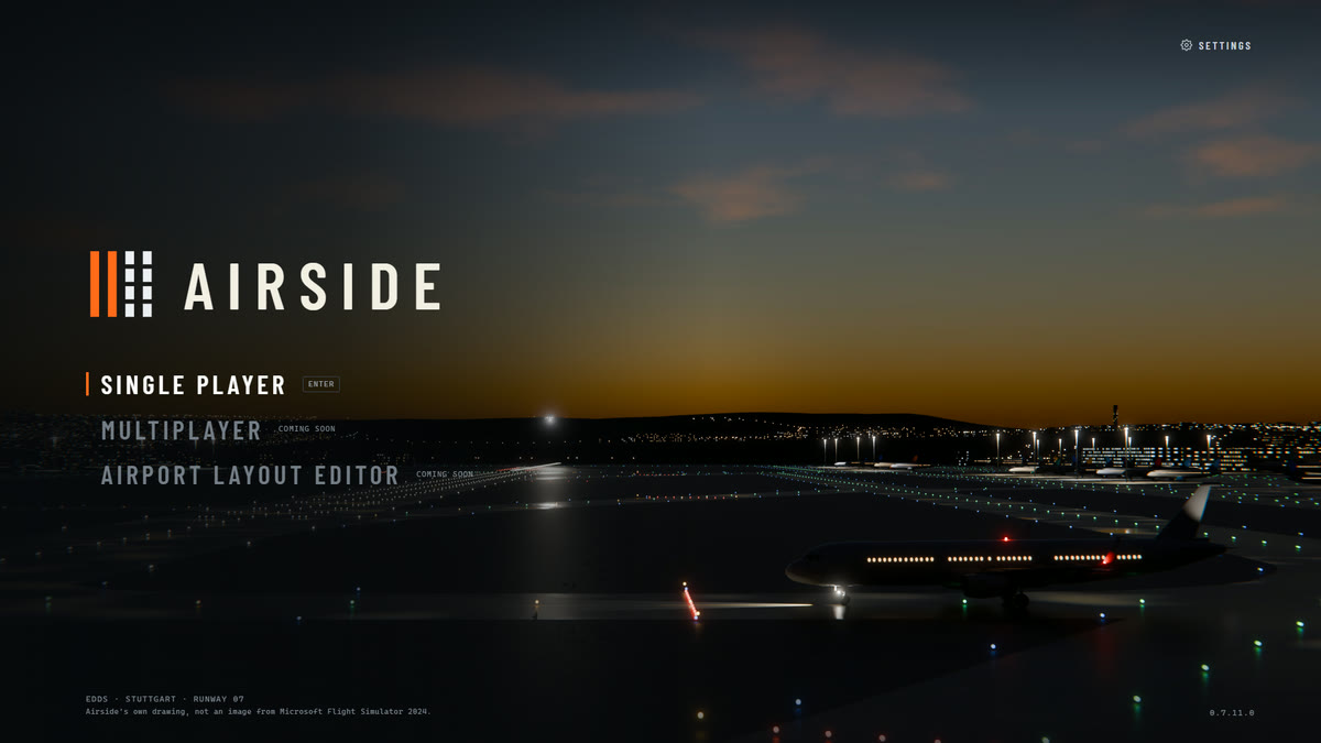 The opening menu over Stuttgart's runway 07 at dusk, drawn in 3D