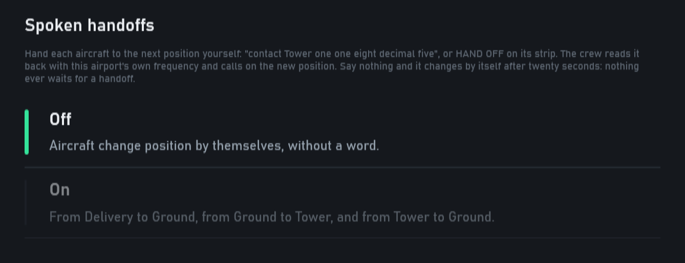 Settings, Radio: the Spoken handoffs section with its two choices, Off and On