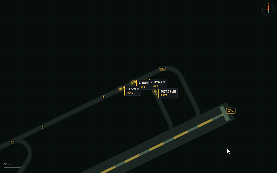 Four departures queued on a taxiway on the ground radar, two of their labels dragged clear