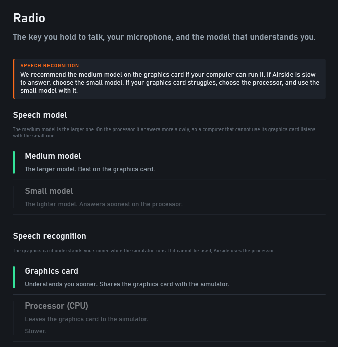 Settings, Radio: the speech model and where speech recognition runs