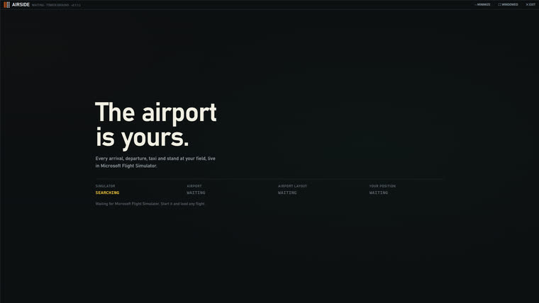 The Airside opening screen reading The airport is yours, with rows for the simulator, the airport, its layout and your position.