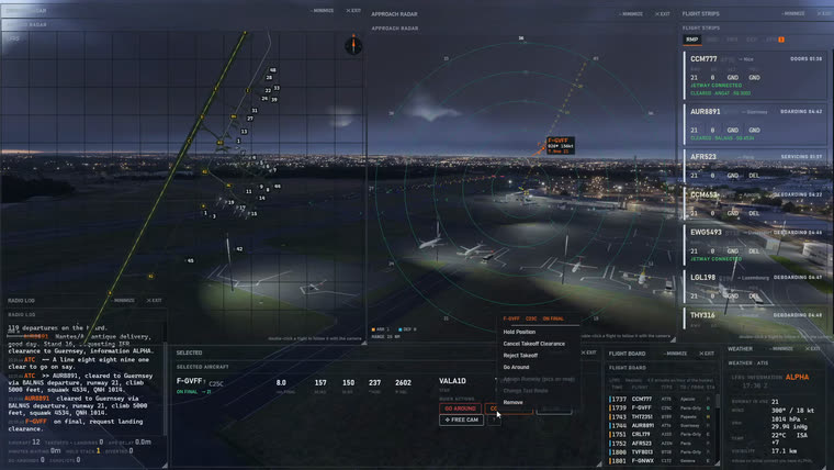 An open command menu listing hold position, cancel takeoff clearance, reject takeoff, go around and remove.