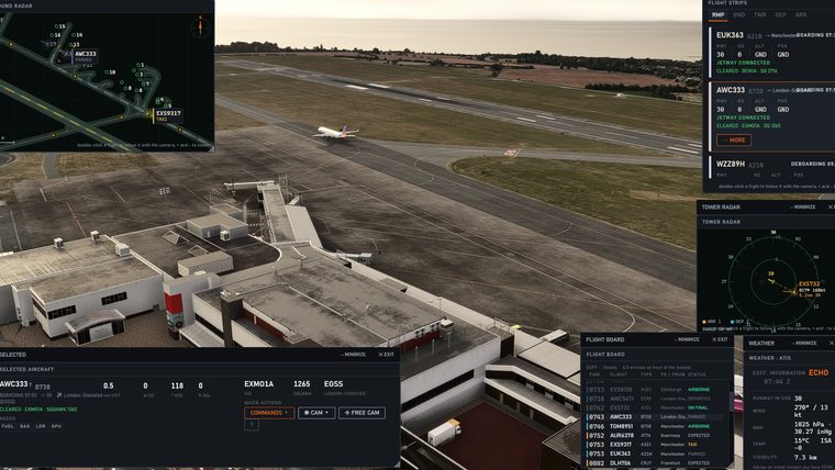 Airside's panels over Cardiff on a grey morning: ground radar, strips, tower radar, the flight board and the weather.