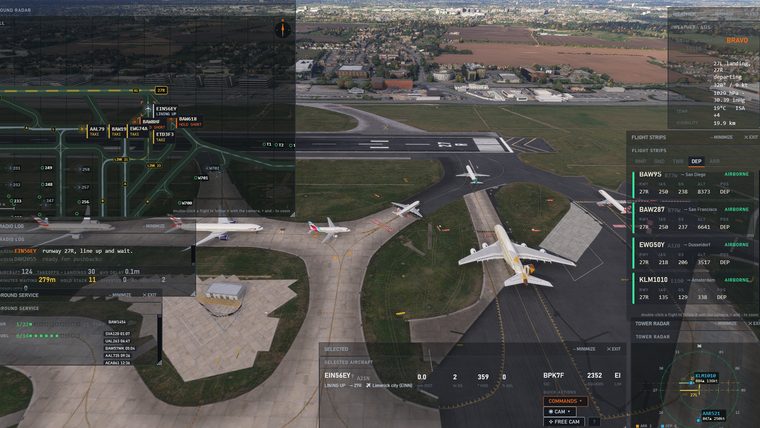 Heathrow's runway 27R from above with an A380 taxiing, and Airside's ground radar, strips and tower radar around it.