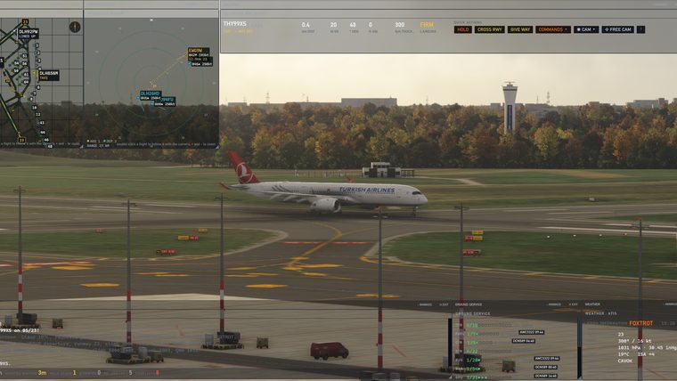 A Turkish Airlines A350 at Hamburg with the control tower behind it and the Airside desk over the view.