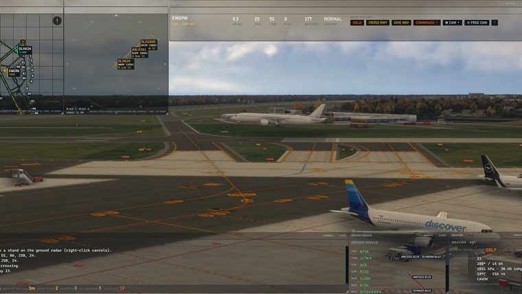 A Discover A320 and a Lufthansa airliner on the apron at Hamburg, with the Airside panels over the view.