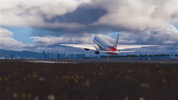 An American Airlines 787 lifting off at Honolulu, the city's towers and palm trees behind it.
