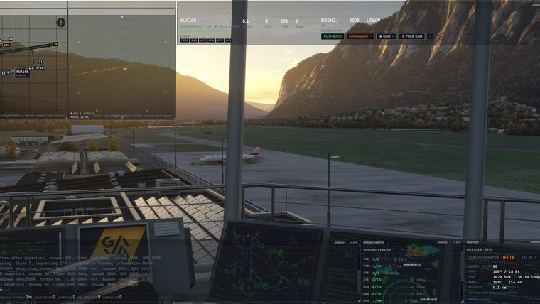 Sunset over the mountains at Innsbruck, seen from the tower cab, with the Airside desk over the view.