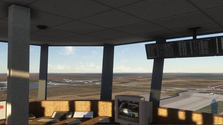 Inside a control tower cab at Denver, looking out over the airfield.