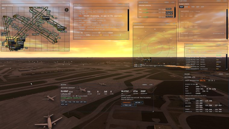 Minneapolis-Saint Paul under an orange sunset with airliners taxiing in the dusk, and Airside's ground radar, radio log, strips, flight board and weather over the view.