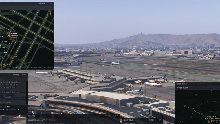 San Francisco airport from above the terminals, with the ground radar, the radio log and the tower radar open over the view.