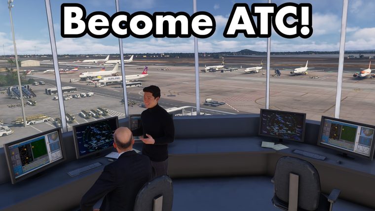 Two controllers in a tower cab over a busy apron, under the words Become ATC!, the cover of Cow Town's video.