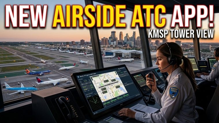 A controller with a headset at a tower desk over Minneapolis-Saint Paul, under the words New Airside ATC app, the cover of CptMinnesota's video.