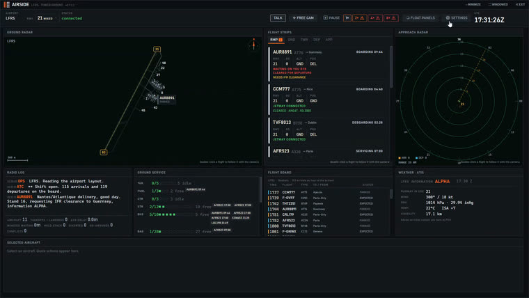 The Airside desk showing the airport plan, the approach radar, flight strips, the radio log, the ground service pools, the flight board and the weather.