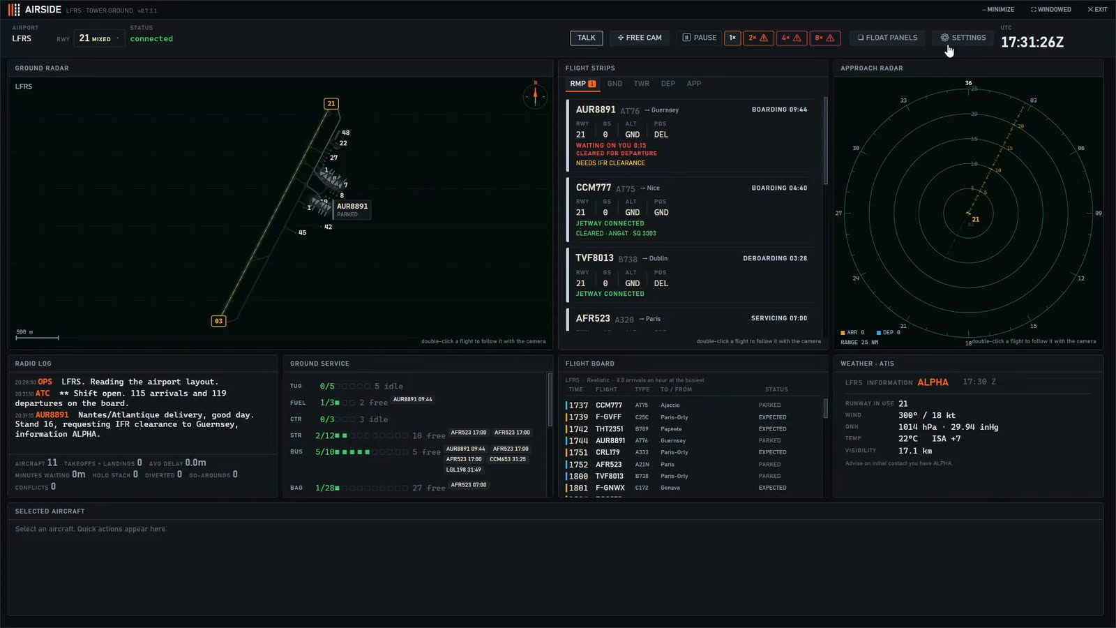 The Airside desk showing the airport plan, the approach radar, flight strips, the radio log, the ground service pools, the flight board and the weather.