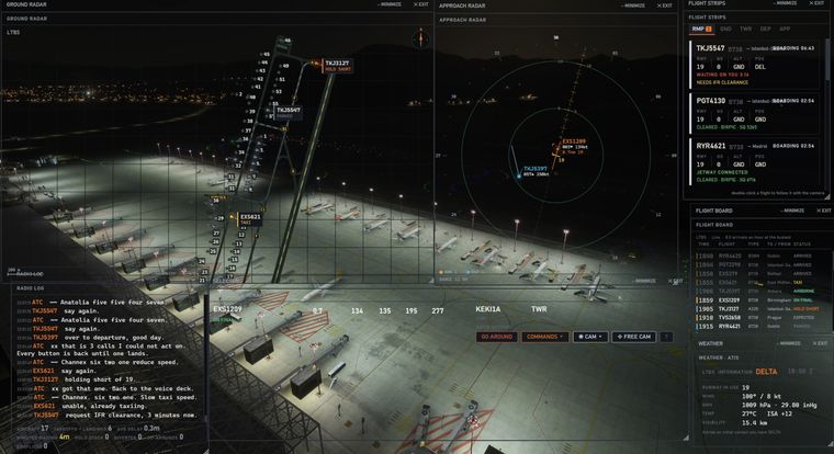 The Airside deck at night: the airport plan, the approach, the flight strips and the radio.