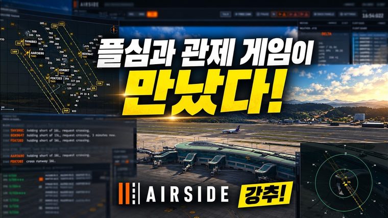 The Airside desk over an airport terminal at dusk, with the Korean title of FLY WITH DEEKAY's video.