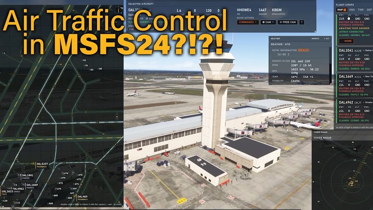 A control tower beside a terminal under the Airside desk, with the words Air Traffic Control in MSFS24, the cover of Expressman Gaming's review.