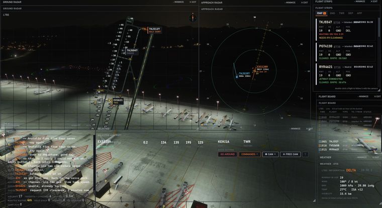 The apron at night with aircraft on stand and the flight strips beside them.