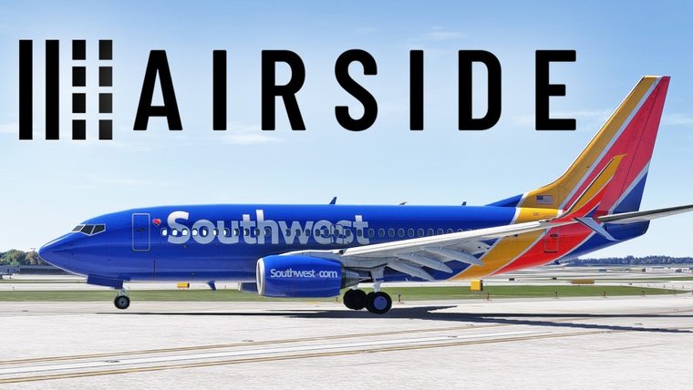 A Southwest Boeing 737 on a taxiway under the Airside name, the cover of Jeff Favignano's video.