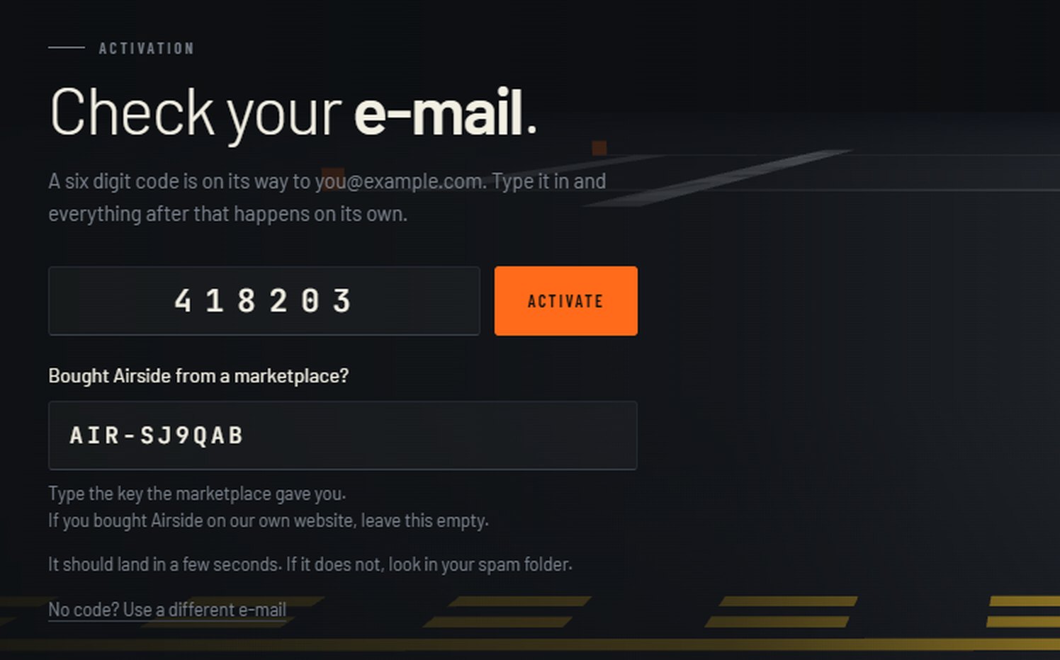 The Airside installer's activation screen, with a six digit code in the top field and a key beginning AIR in the box labelled Bought Airside from a marketplace?