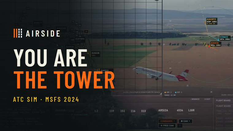 You are the tower: an airliner climbing out past the tower, under the Airside desk.