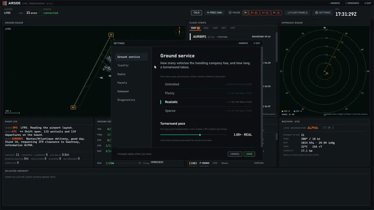 The settings window showing the ground service levels and the turnaround pace.