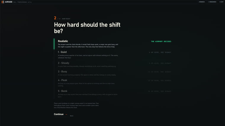 The setup question asking how hard the shift should be when Airside makes up the day, with a realistic option and five fixed levels.