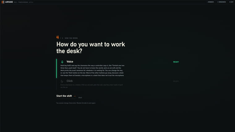 The setup question asking how you want to work the desk, offering voice and click.