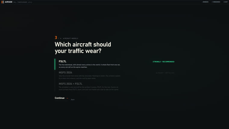 The setup question offering the FSLTL fleet, the simulator's own aircraft, or both.