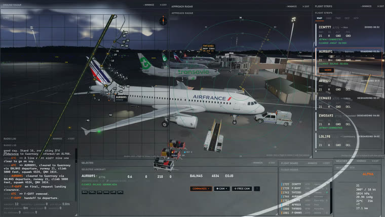 An Air France A320 on stand at night with the air bridge connected, ground power, steps and a bus.