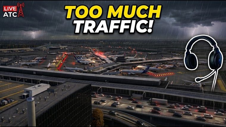 A rainy apron full of airliners at dusk under the words Too much traffic, the cover of Steve's Sim Station's video.