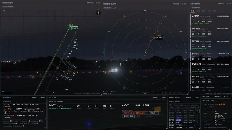 An aircraft on the takeoff roll at night with the desk showing the departure and the option to stop it.