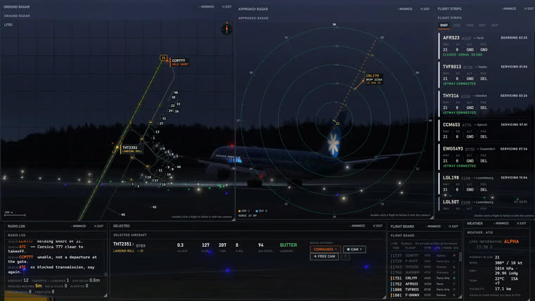 A wide body on the landing roll with the desk showing the touchdown rate and a verdict on the landing.