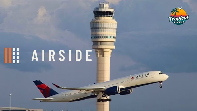 A Delta airliner taking off past a control tower under the Airside name, the cover of Tropical Pixels' review.
