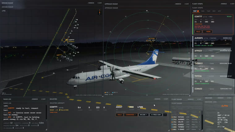 The radio log showing a spoken instruction and the full taxi clearance beside an ATR taxiing at dusk.