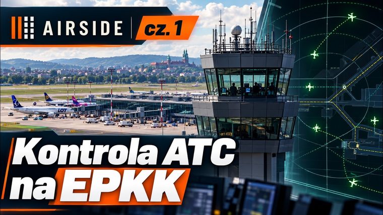 Kraków's control tower and apron beside a radar screen, under the Airside name and the Polish title of Wirtualne Lotnictwo's video.