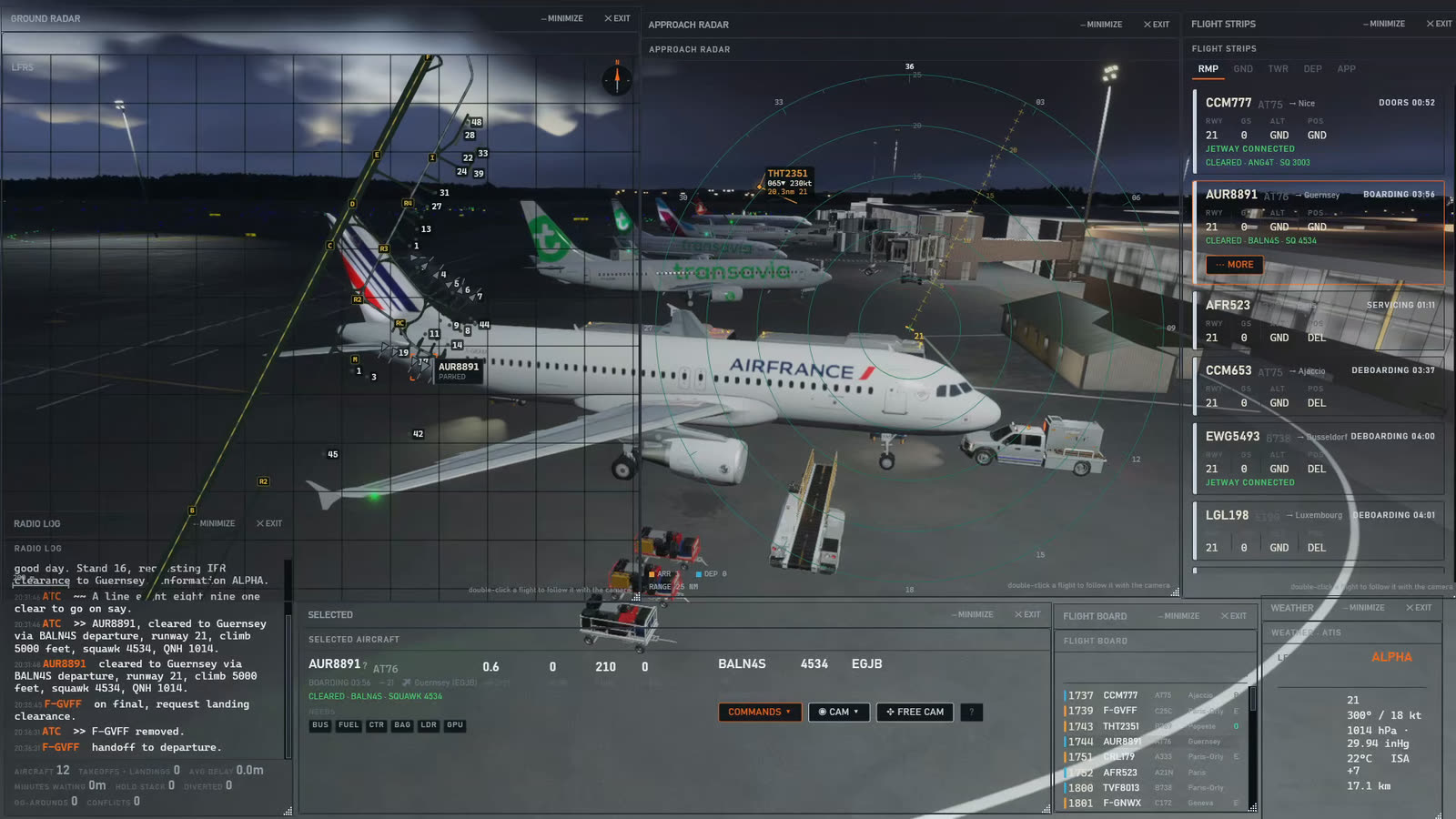 An airliner at its stand at dusk under the ground radar, with the flight strips beside it.