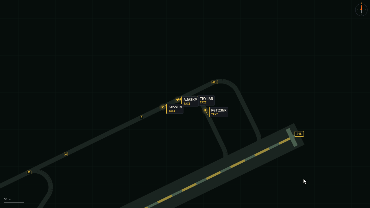 Four departures queued on a taxiway on the Airside ground radar, two of their labels dragged clear and joined to their aircraft by a line