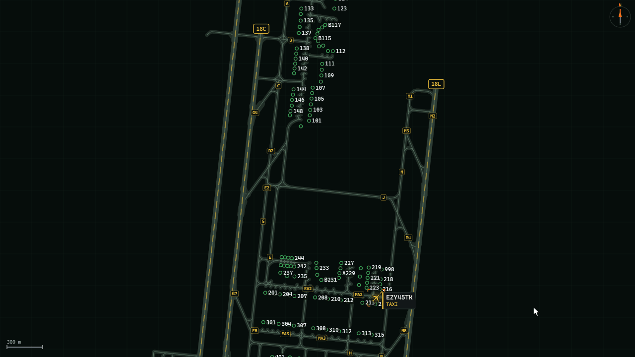 TAXI VIA on the Airside ground radar: a taxiway clicked, the departure's route moving onto it, and the end of its runway clicked