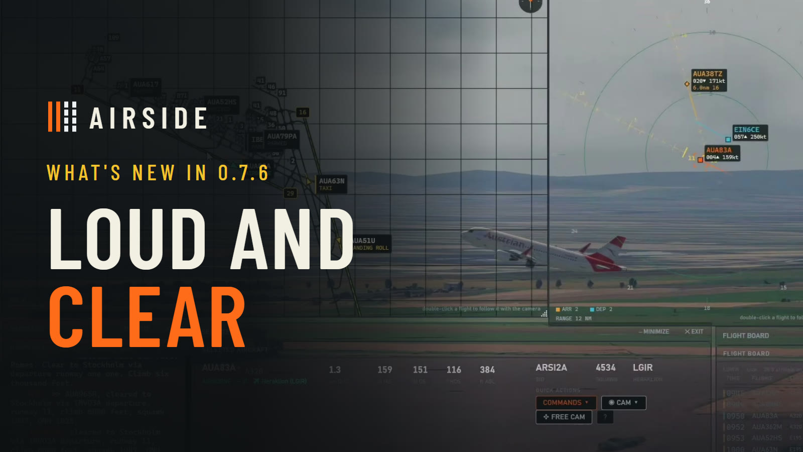 An airliner climbing out under the Airside desk's approach radar, with the words Loud and clear