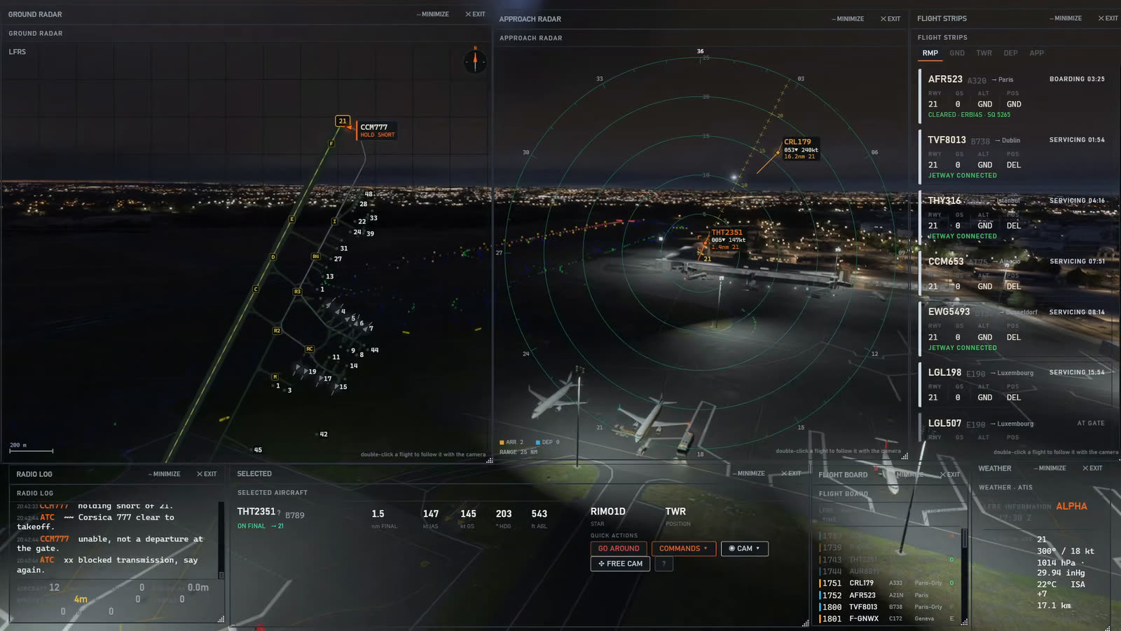 The Airside desk: ground radar, approach radar, the flight strips and the radio log, over the lit airfield.